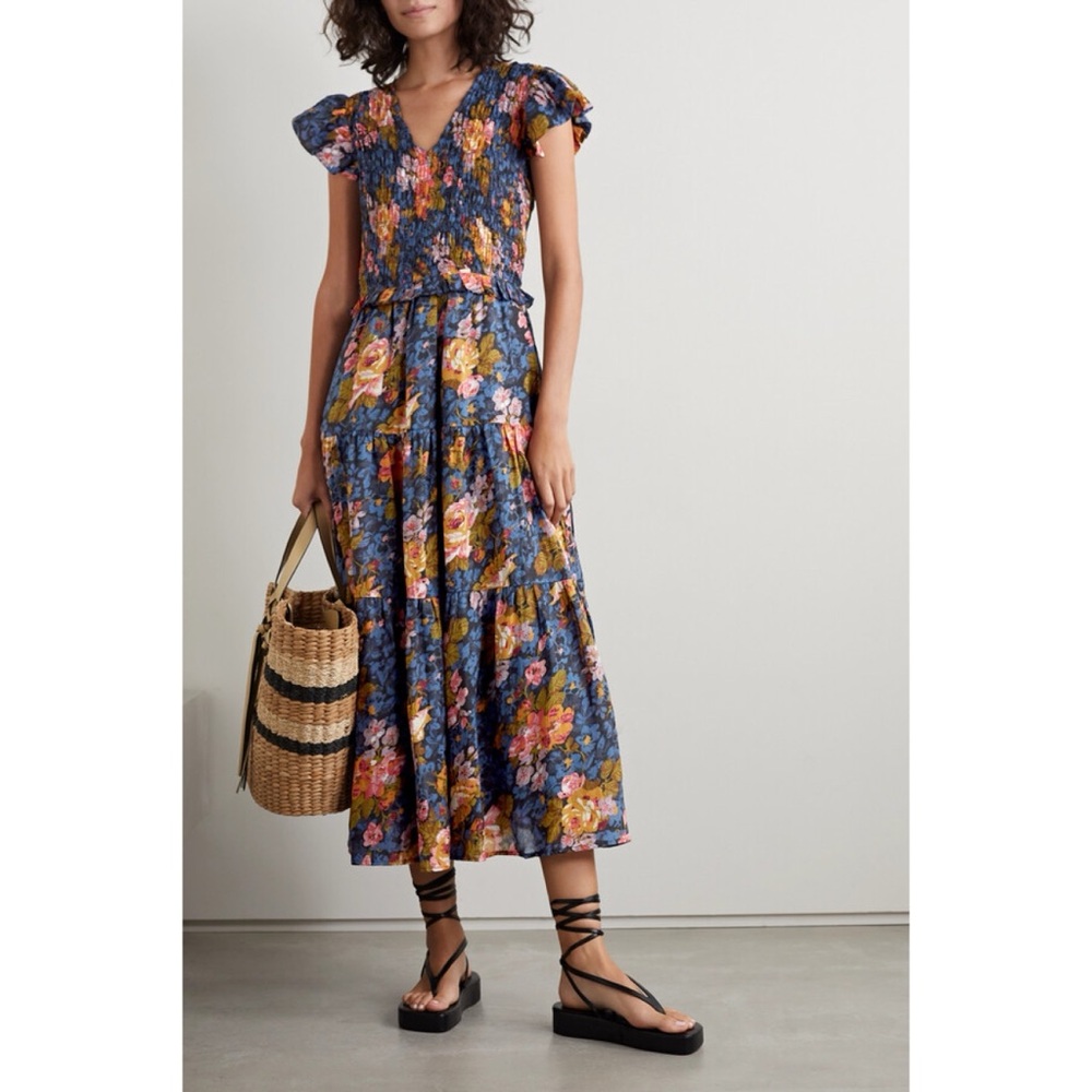 SEA New York Ines Floral Smocked Body Midi Dress Floral Boho Sz 8